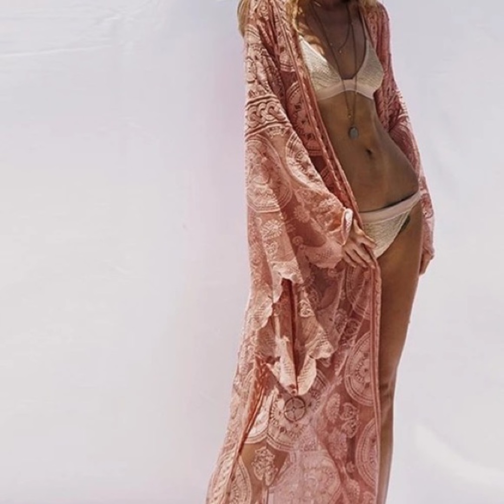Peachy Cream Boho Scalloped Embroidered Malie Kimono Duster, Cotton Stretch Lace - Picture 6 of 10